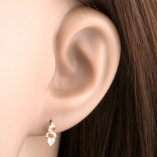 Earrings made of yellow 14K gold - smooth and zircon wave, clear heart