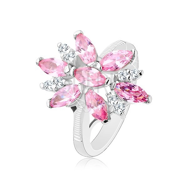 Ring in silver shade, big flower with pink and clear petals
