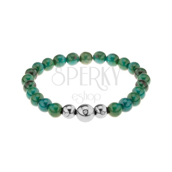 Wrist bracelet, beads made of bluish green turquoise, steel beads with zircon
