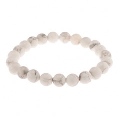 Flexible bracelet, white beads made of natural stone, grey marble pattern