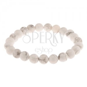 Flexible bracelet, white beads made of natural stone, grey marble pattern