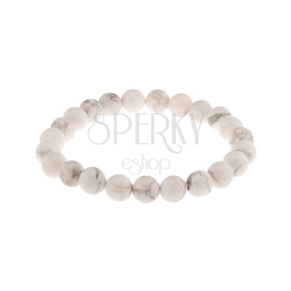 Flexible bracelet, white beads made of natural stone, grey marble pattern