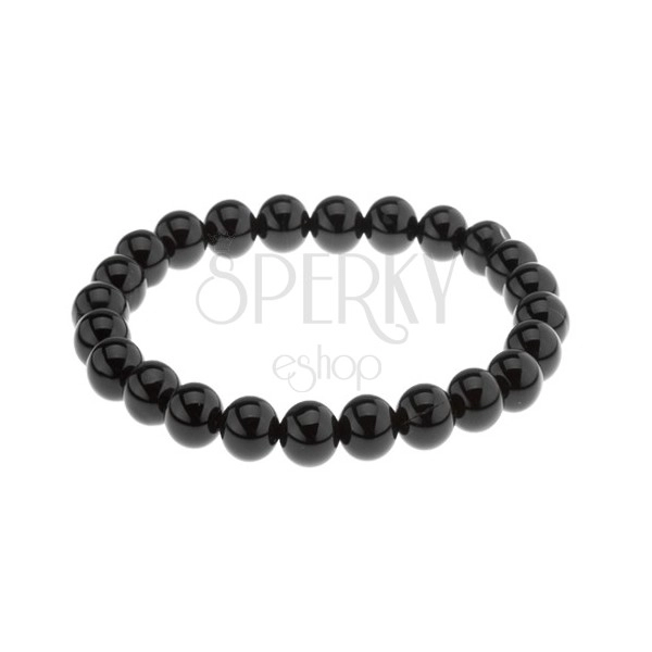 Bracelet made of black agate beads, smooth glossy finish, elastic
