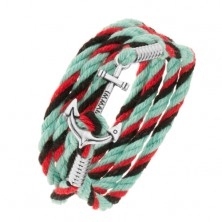 String bracelet, turquoise, red and black colour, shiny anchor