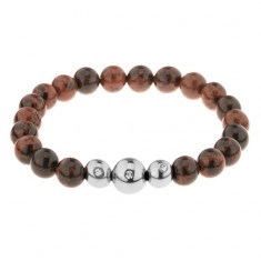 Brown-black elastic bracelet, round beads made of natural stone and steel
