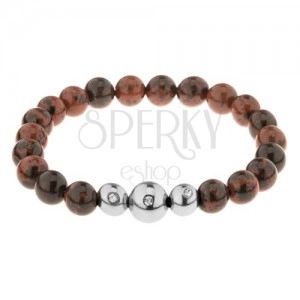 Brown-black elastic bracelet, round beads made of natural stone and steel