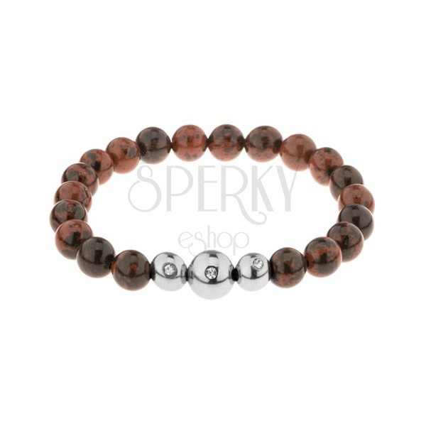 Brown-black elastic bracelet, round beads made of natural stone and steel