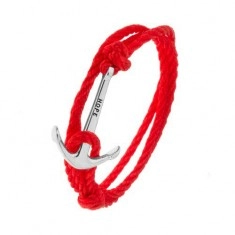 Red string wrap bracelet, anchor in silver colour with an inscription
