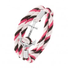 Bracelet made of white, black and pink strings, shiny anchor with inscription