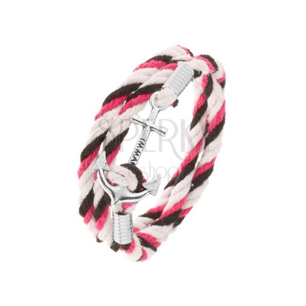 Bracelet made of white, black and pink strings, shiny anchor with inscription