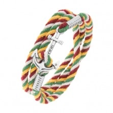 Bracelet for wrist, strings in four different colours, shiny boat anchor