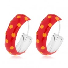 Round 925 silver earrings, red enamel with orange dots, 14 mm