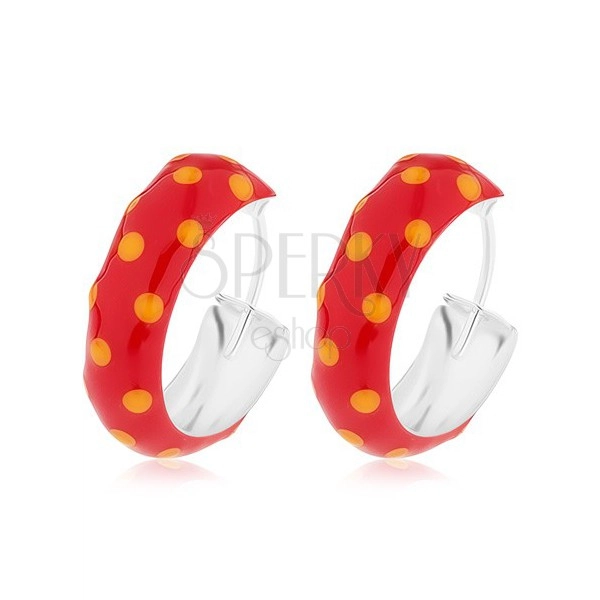 Round 925 silver earrings, red enamel with orange dots, 14 mm