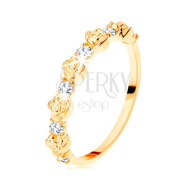Ring in yellow 14K gold - alternating roses and round clear zircons