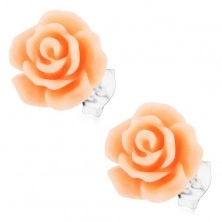 Stud earrings in 925 silver, blooming rose in peach hue