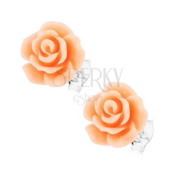 Stud earrings in 925 silver, blooming rose in peach hue