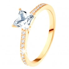 Ring in yellow 14K gold - clear zircon square, glossy lines on the sides