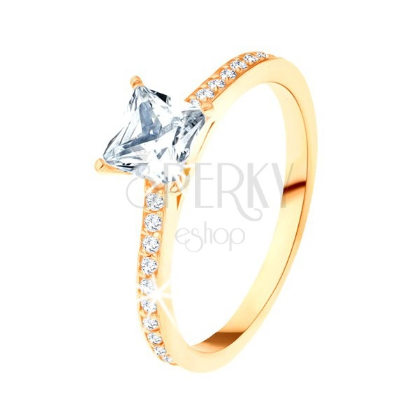 Ring in yellow 14K gold - clear zircon square, glossy lines on the sides