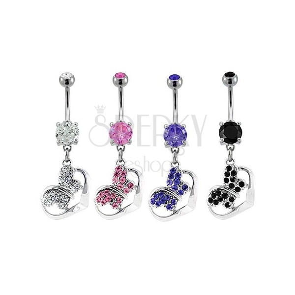 Butterfly belly button ring with heart and zircons