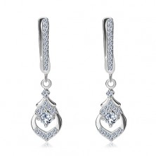 Earrings - 925 silver, contour of a drop with a cut-out, zircons in clear hue