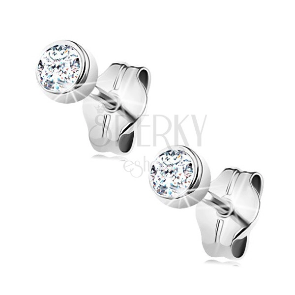 585 gold earrings - round clear zircon in a mount, white gold, 3 mm