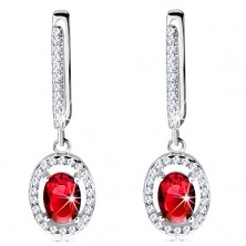 925 silver earrings, red oval zircon with clear sparkly border