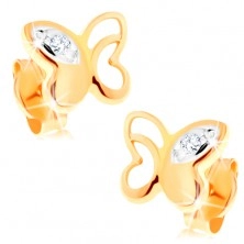 Earrings in yellow 14K gold - butterfly with decorated cut-outs and clear zircons