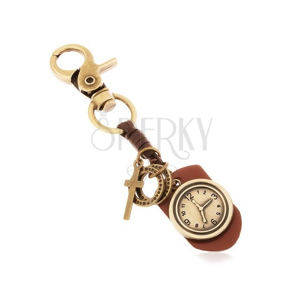 Keychain in brass hue, synthetic leather with a watch, circles and cross