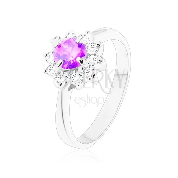 Ring in silver colour, narrow shoulders, flower in violet and clear hue