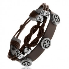 Adjustable leather bracelet, braided dark brown strings, Maltese cross