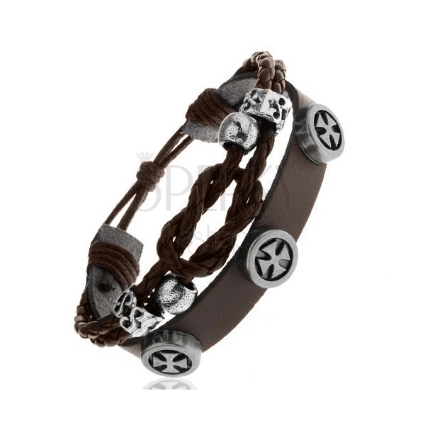 Adjustable leather bracelet, braided dark brown strings, Maltese cross