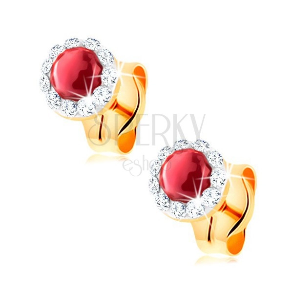 585 gold earrings - round red ruby, clear Swarovski crystal border