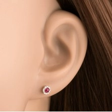 585 gold earrings - round red ruby, clear Swarovski crystal border