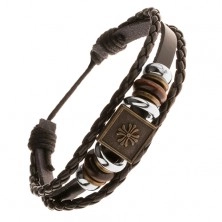Bracelet for wrist - leather band with beads made of steel and wood, Geneva cross