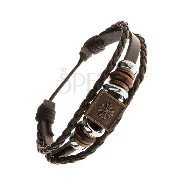 Bracelet for wrist - leather band with beads made of steel and wood, Geneva cross