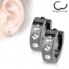 Hinged earrings - 316L steel, black smooth surface, three clear zircons, 13 mm
