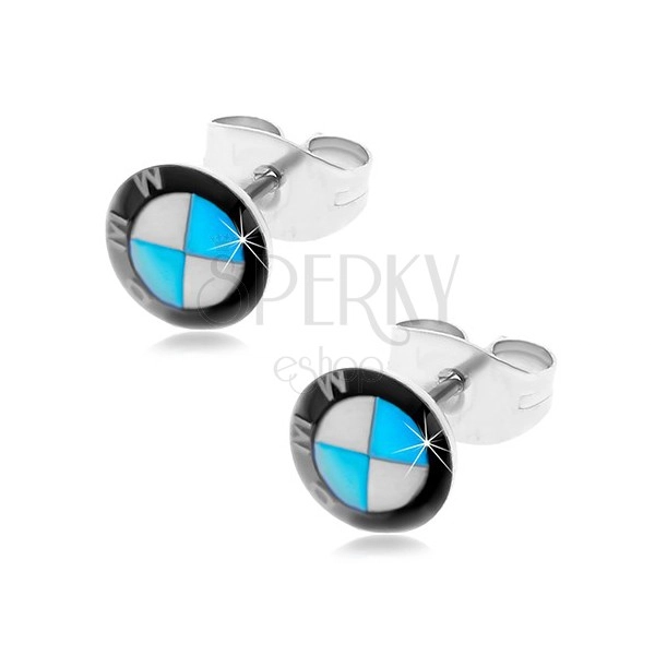Round steel earrings - black-white-blue logo of car company emblem, studs