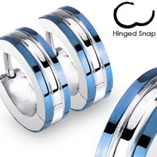 Hinged steel earrings in silver colour - blue stripes, shiny notch