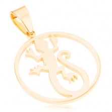 Shiny round pendant made of 316L steel, gold colour, lizard in circle contour