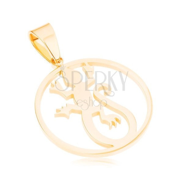 Shiny round pendant made of 316L steel, gold colour, lizard in circle contour