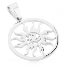 316L steel pendant, silver colour, circle contour with cut-out sun