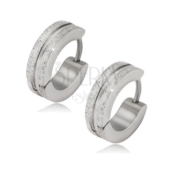 Hinged earrings made of surgical steel in silver colour, glossy strips with notch