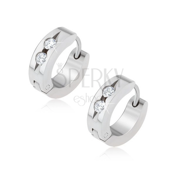 Shiny earrings - 316L steel, silver hue, groove with two clear zircons