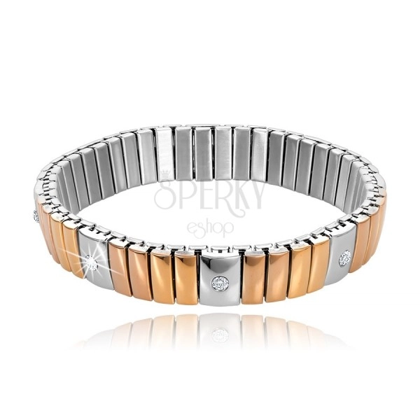 Surgical steel bracelet, links in gold, copper and silver colours, zircons