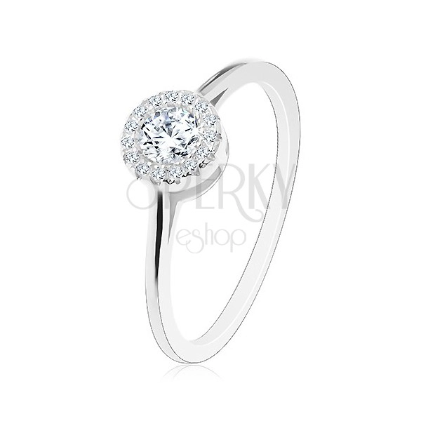 925 silver engagement ring, round transparent zircon with clear border