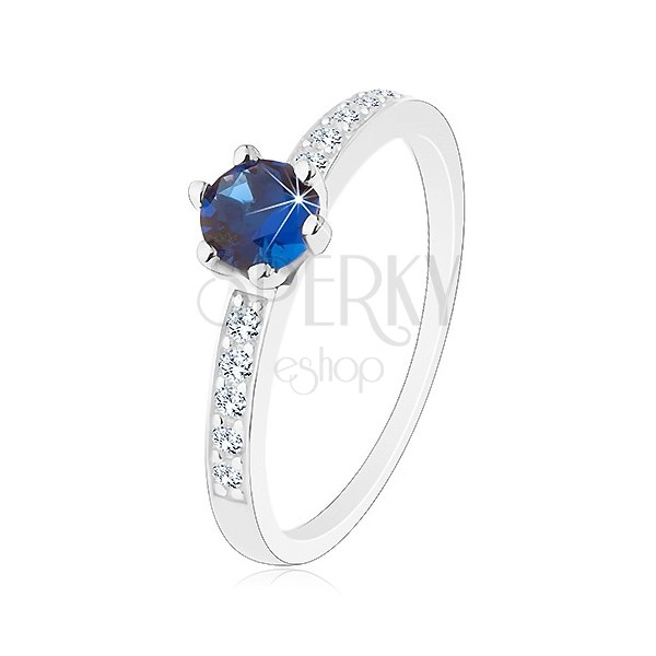 Ring - 925 silver, round zircon in dark blue hue, transparent lines