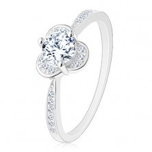 Glossy 925 silver ring, round clear zircon with sparkly half-arcs