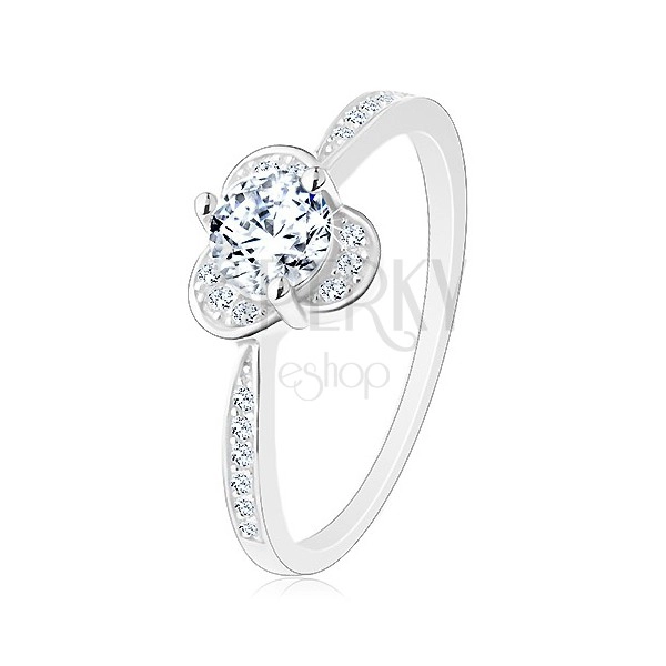 Glossy 925 silver ring, round clear zircon with sparkly half-arcs