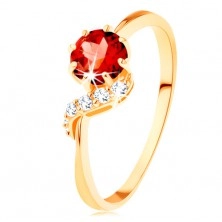 585 gold ring - round garnet in red colour, sparkly wave
