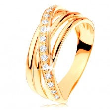 Ring in yellow 14K gold - three smooth lines, diagonal zircon line